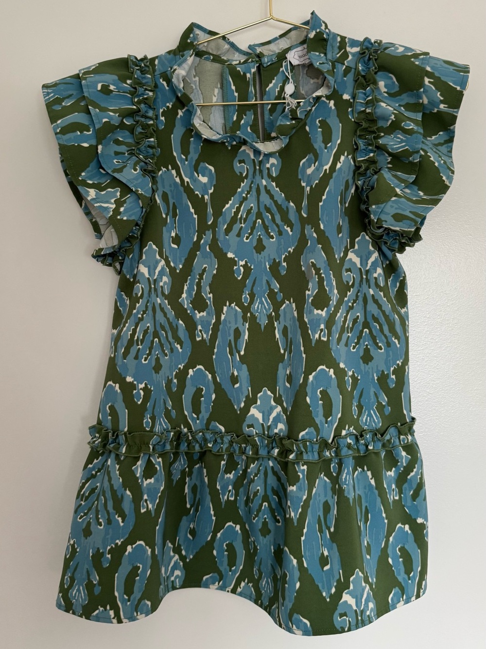 Mud Pie Blue & Green Ruffle Sleeve Printed Tunic Top - Picture 2 of 4